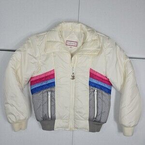Vintage 70's Ice Castles Cream/Multi  Panel Women S Retro Puffer Ski Jacket